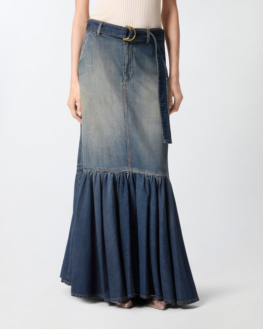 Long denim skirt with flounce and belt
