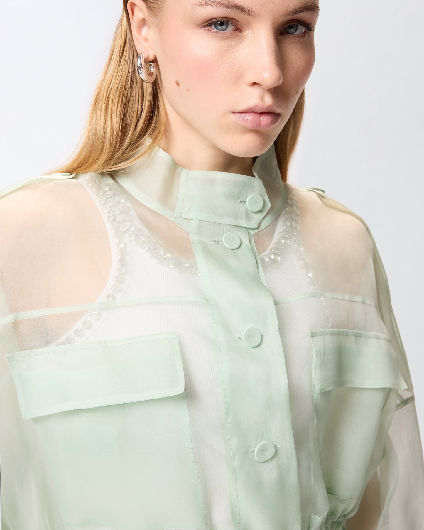 Cropped pea coat in pure silk organza