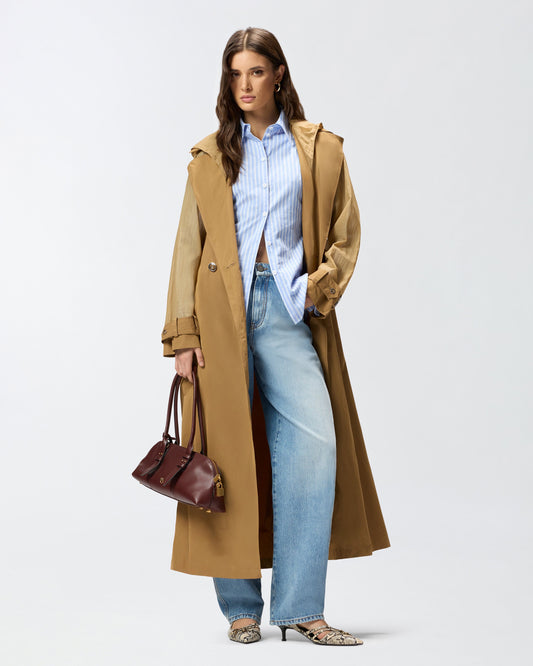 Trench coat with sheer inserts
