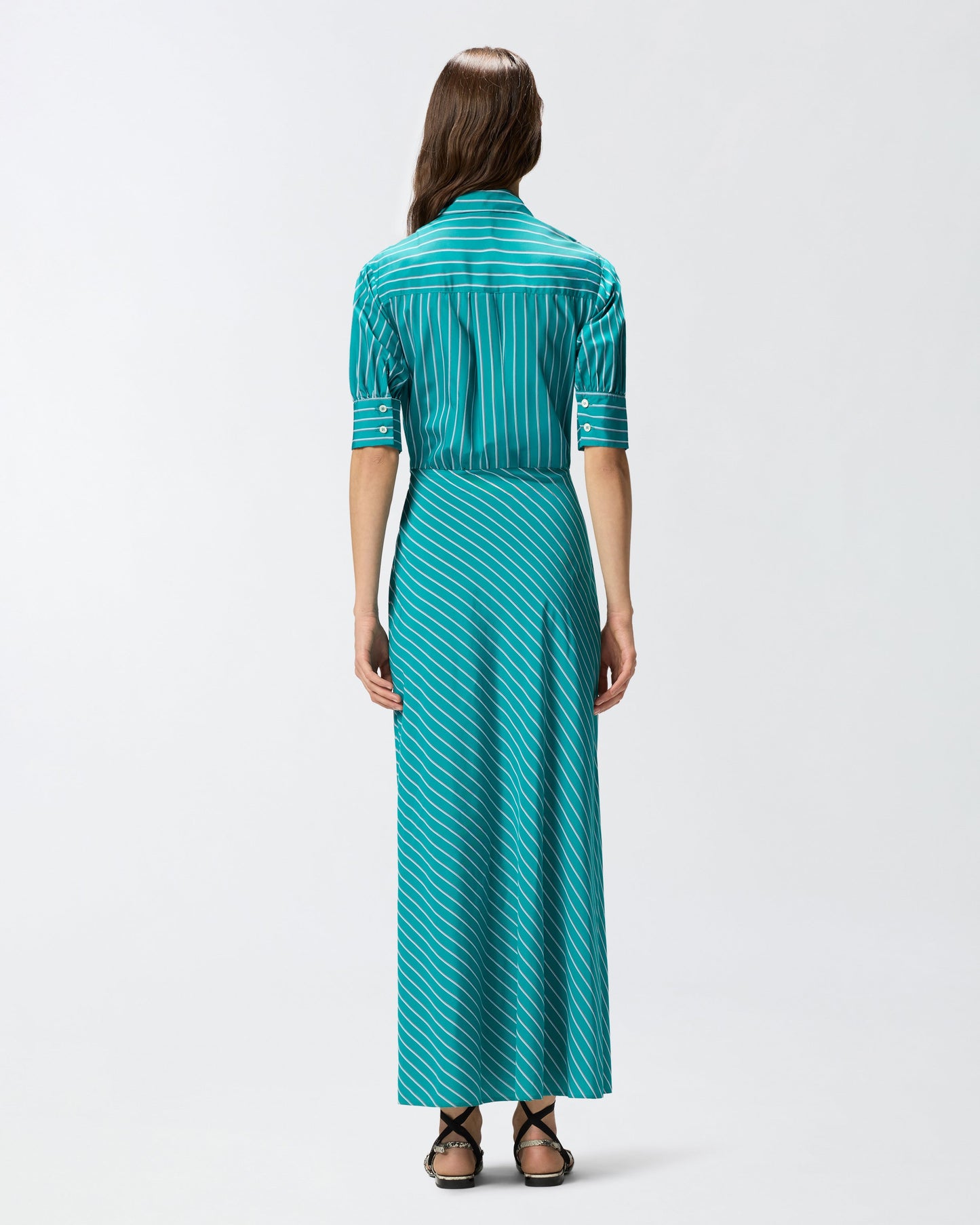 Long wrap dress with striped pattern