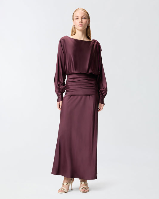 Long satin dress with draping