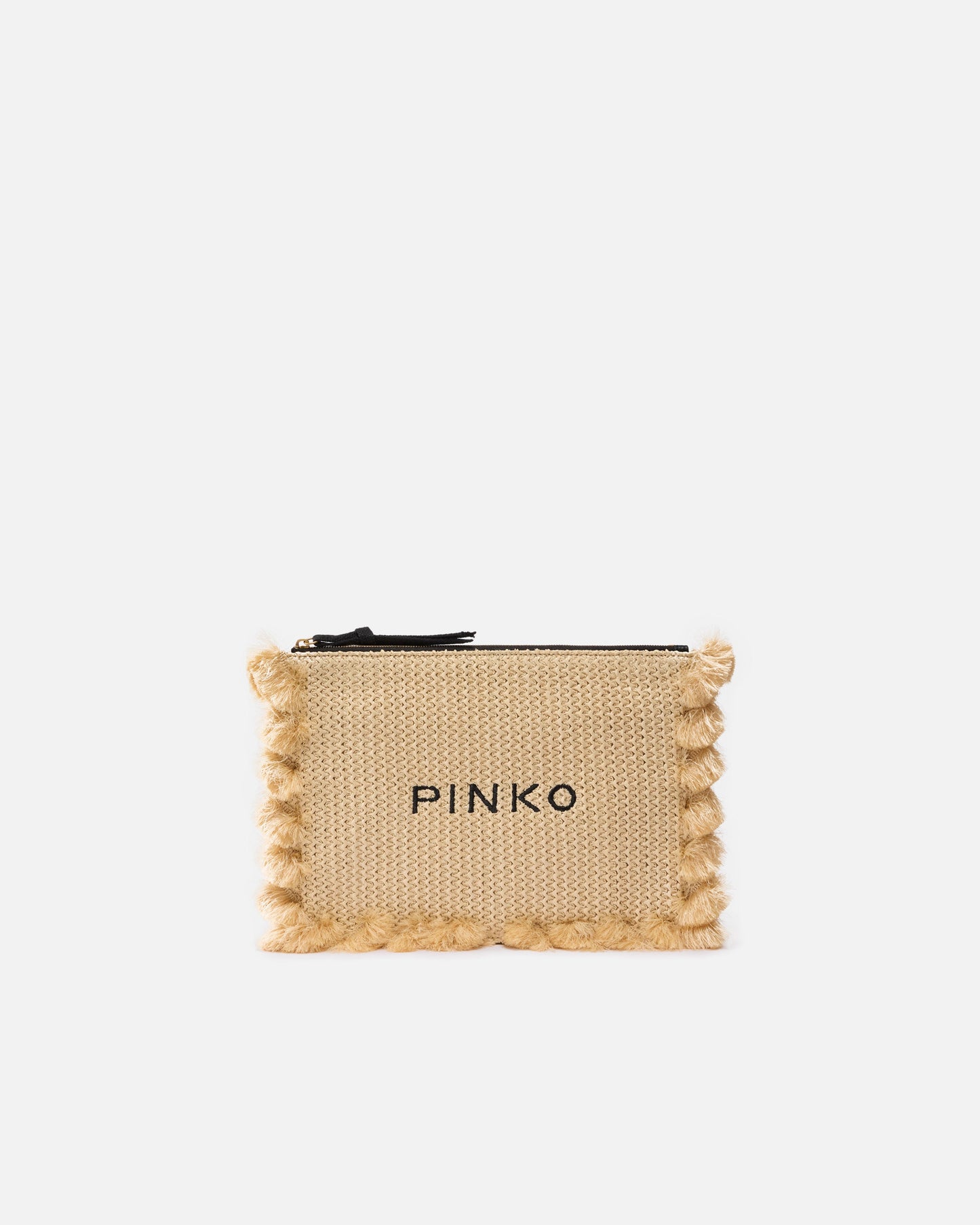 Small raffia clutch with logo and tassels