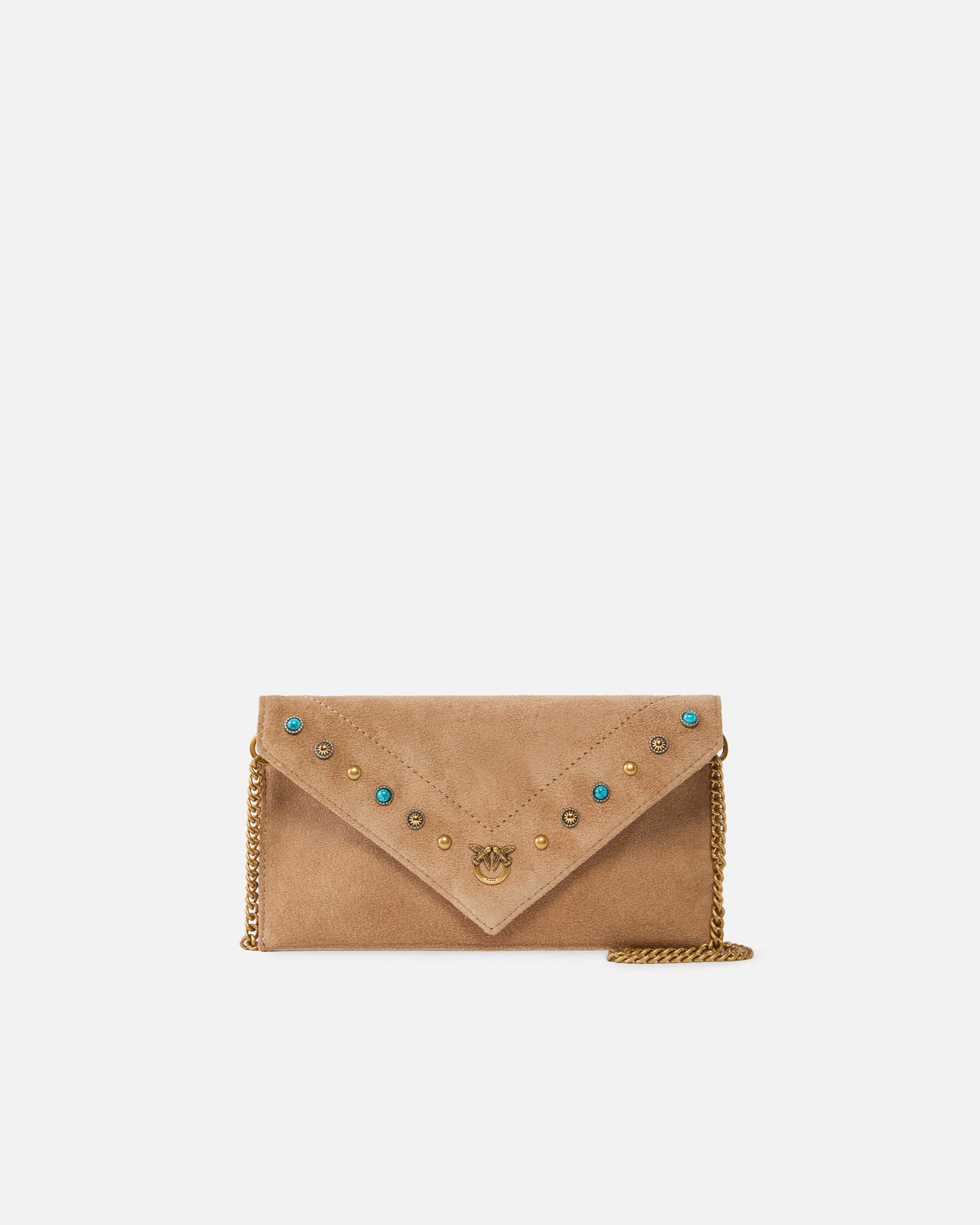Small clutch bag in suede with studs and shoulder strap