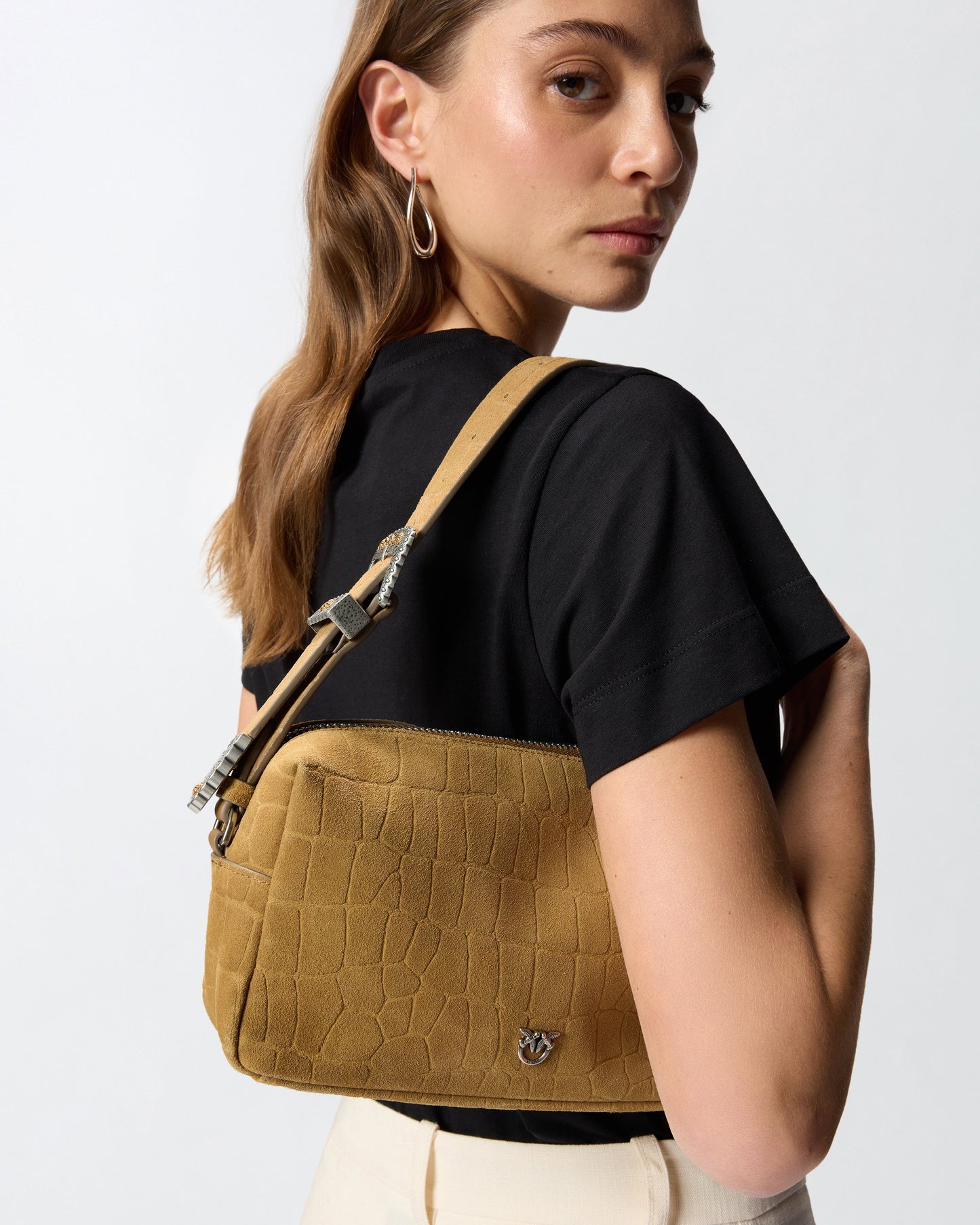 Medium crossbody bowler bag in crocodile-print leather