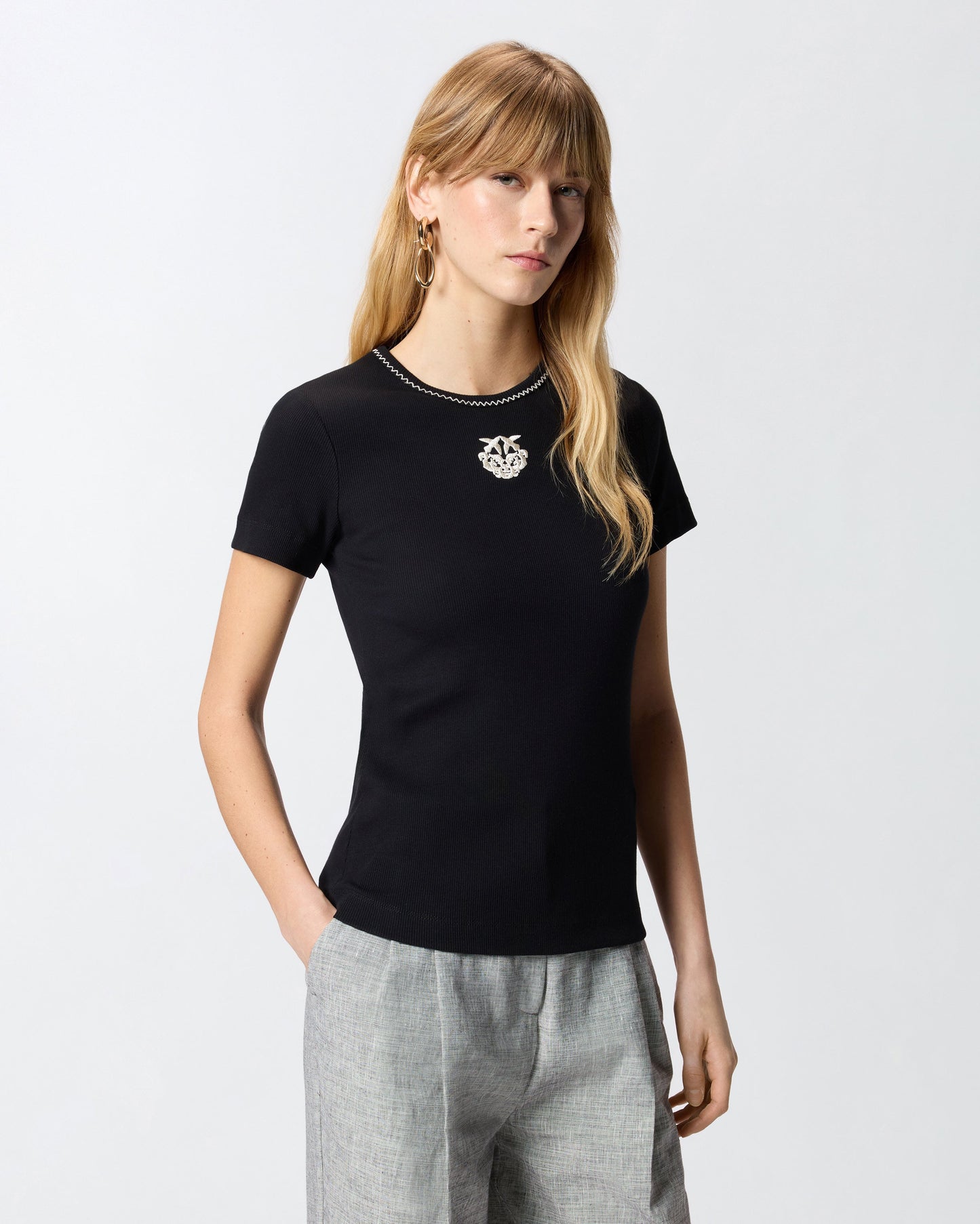 Fine-rib T-shirt with Love Birds embroidery