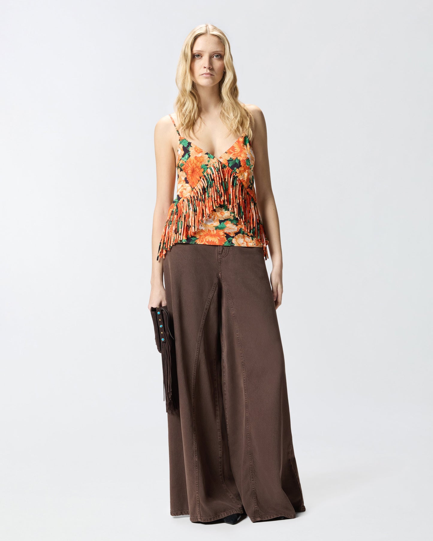 Sleeveless top with fringing and floral print