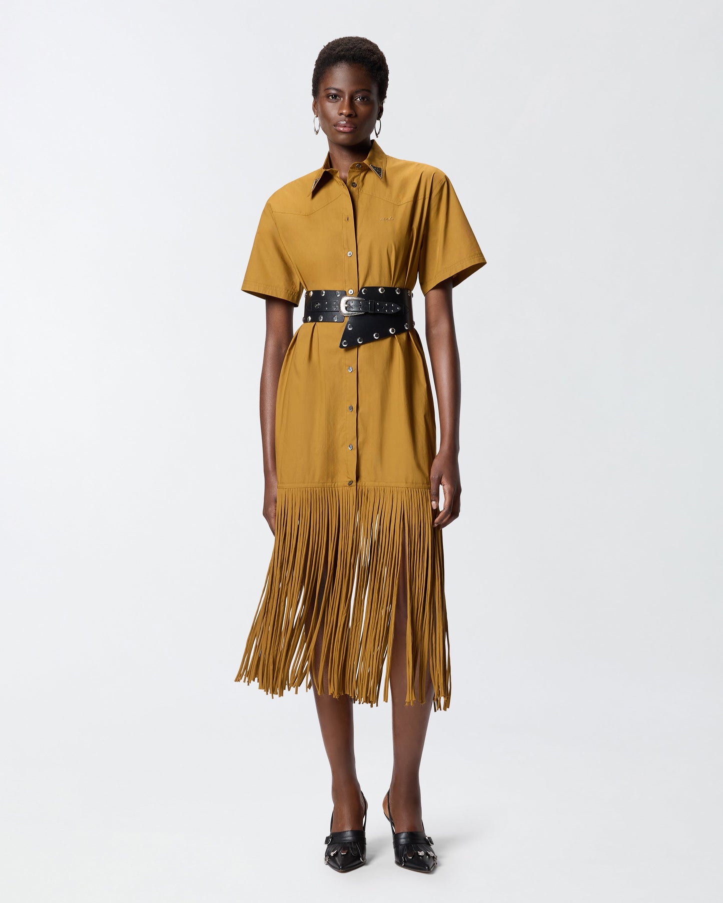 Long shirt dress with fringing and metallic details