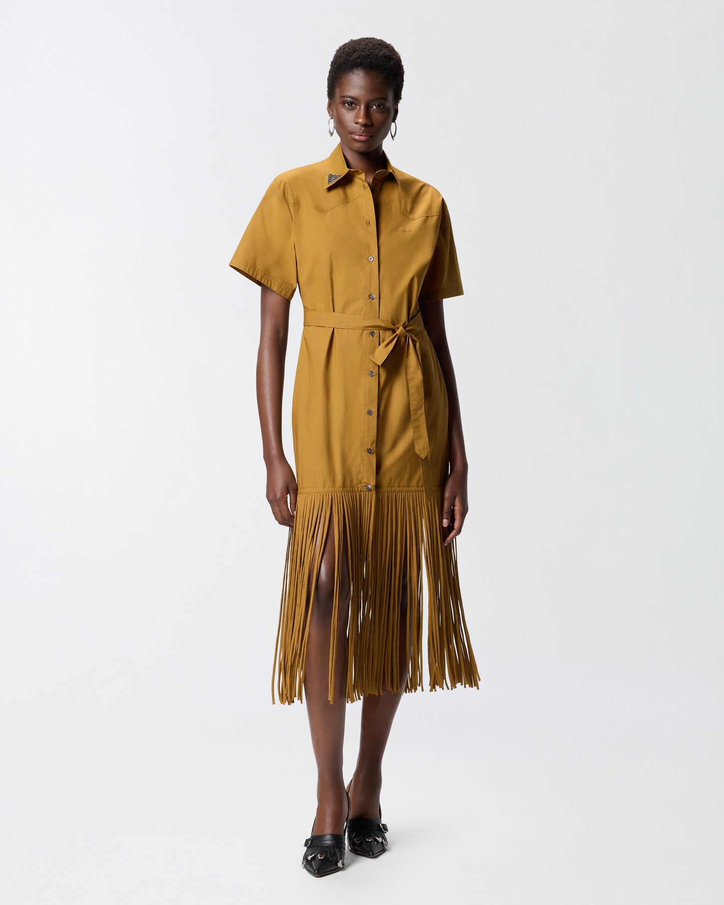 Long shirt dress with fringing and metallic details