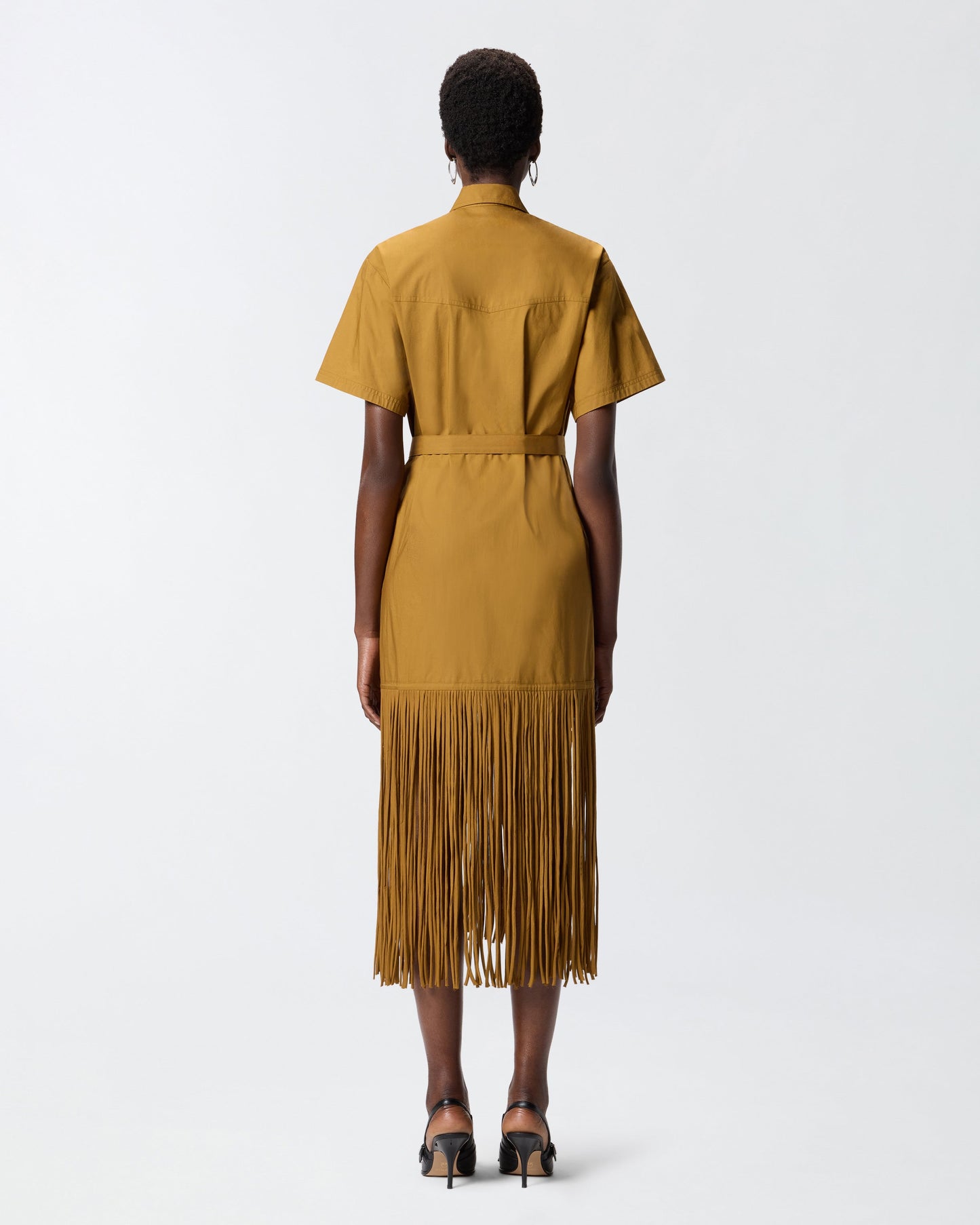 Long shirt dress with fringing and metallic details