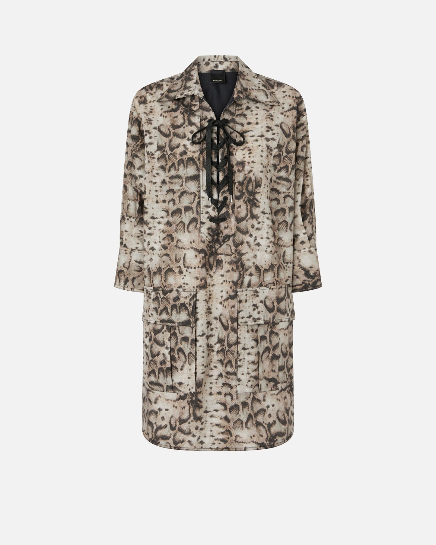 Mini dress with snake print and neckline ribbons