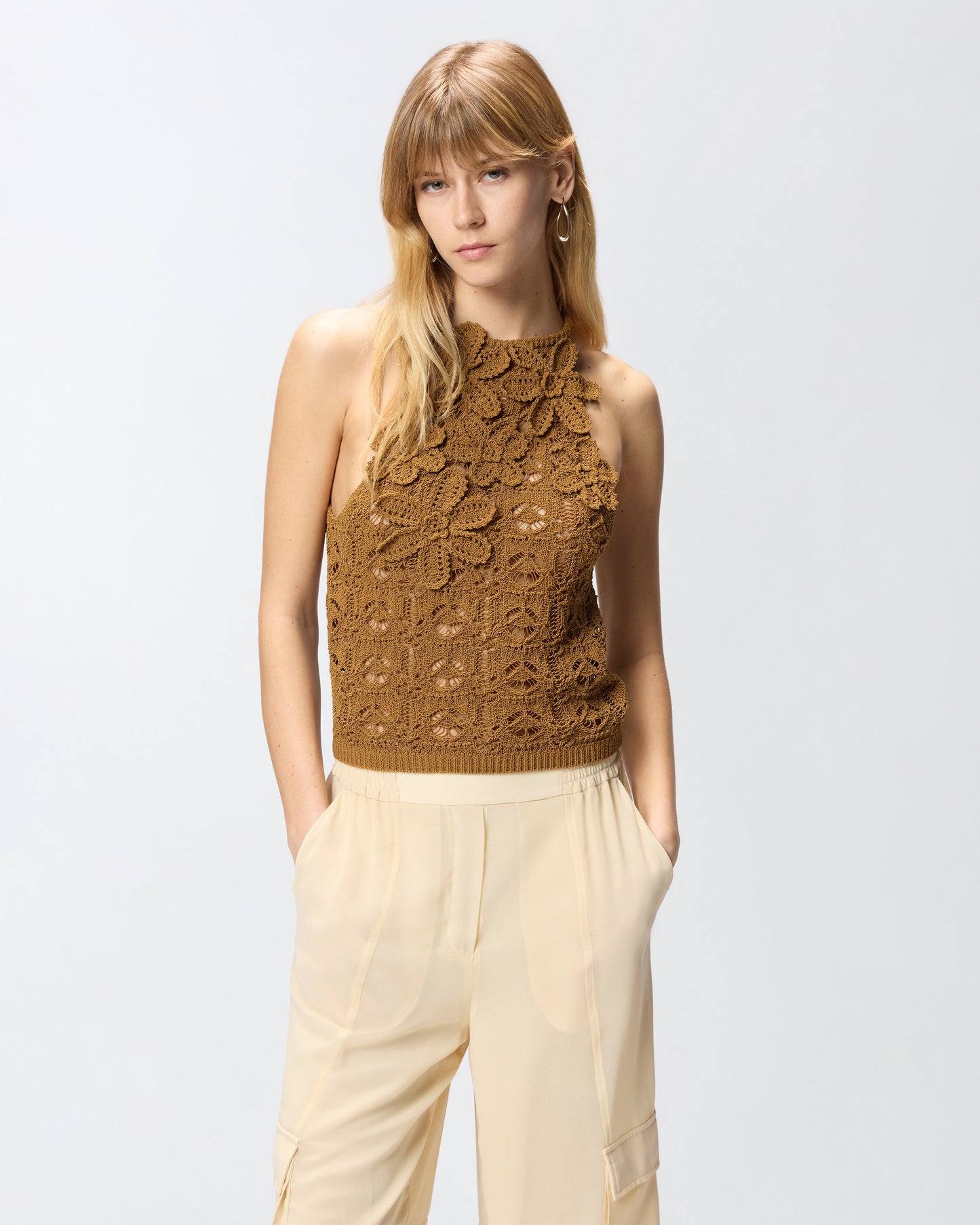 Crochet-effect top with appliqué flowers