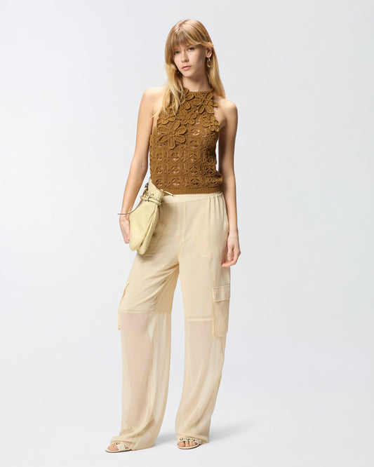 Crochet-effect top with appliqué flowers