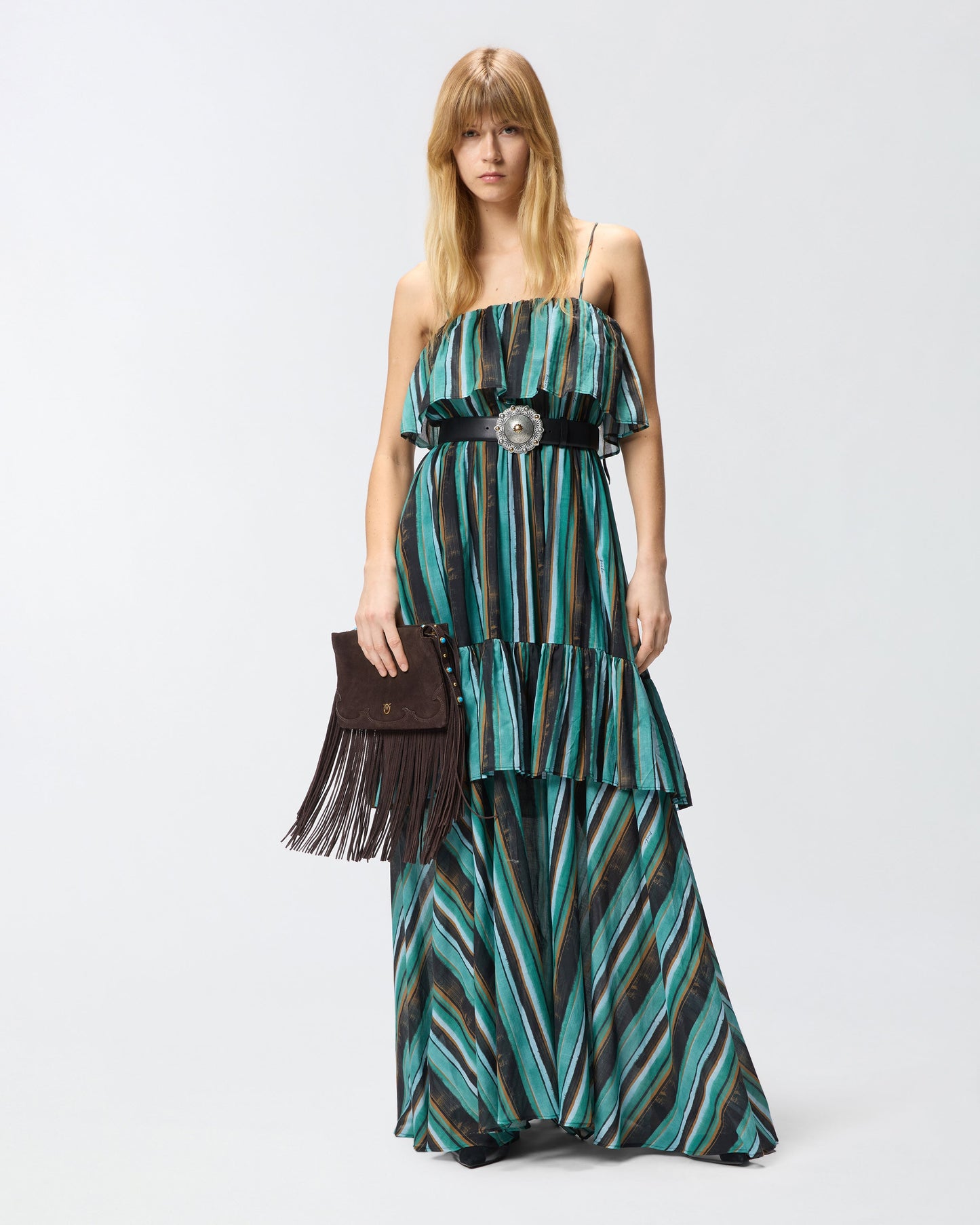Long muslin dress with brushed striped print