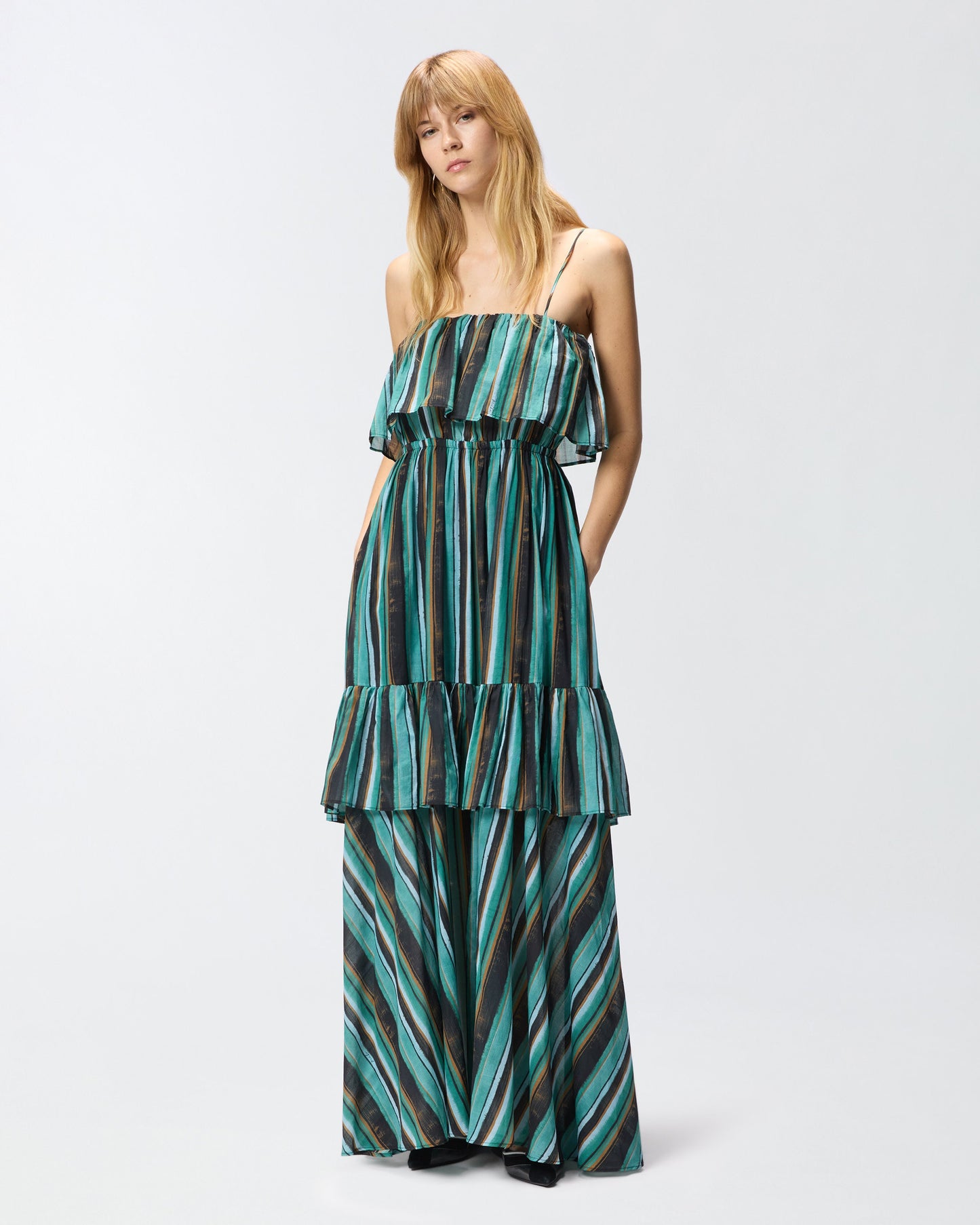 Long muslin dress with brushed striped print