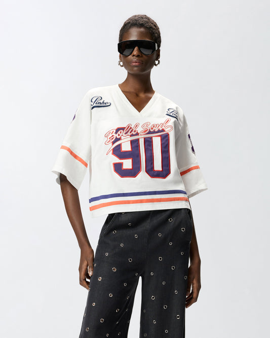 Cropped T-shirt with V-neck and branded patches