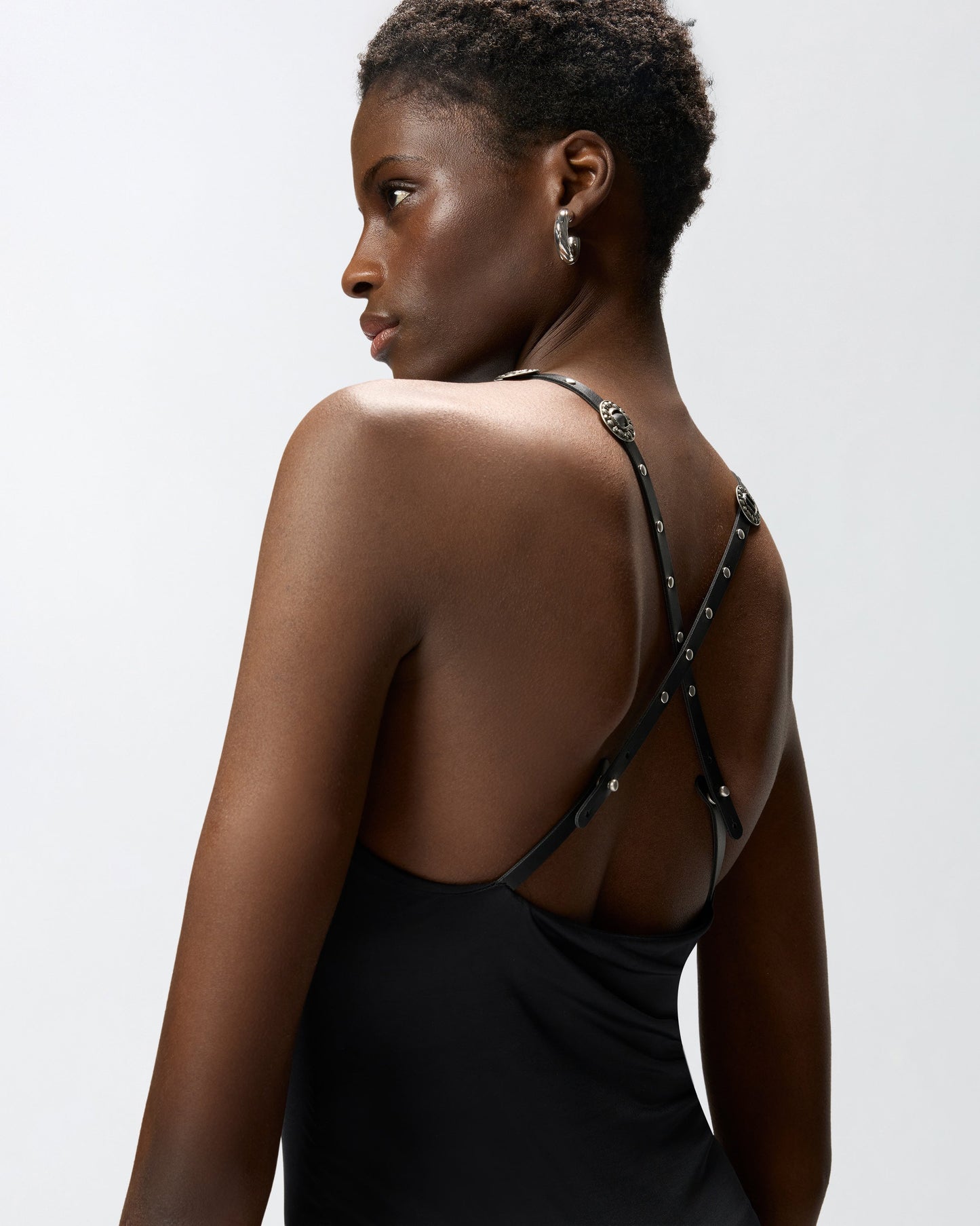 Shiny midi dress with crossed shoulder straps