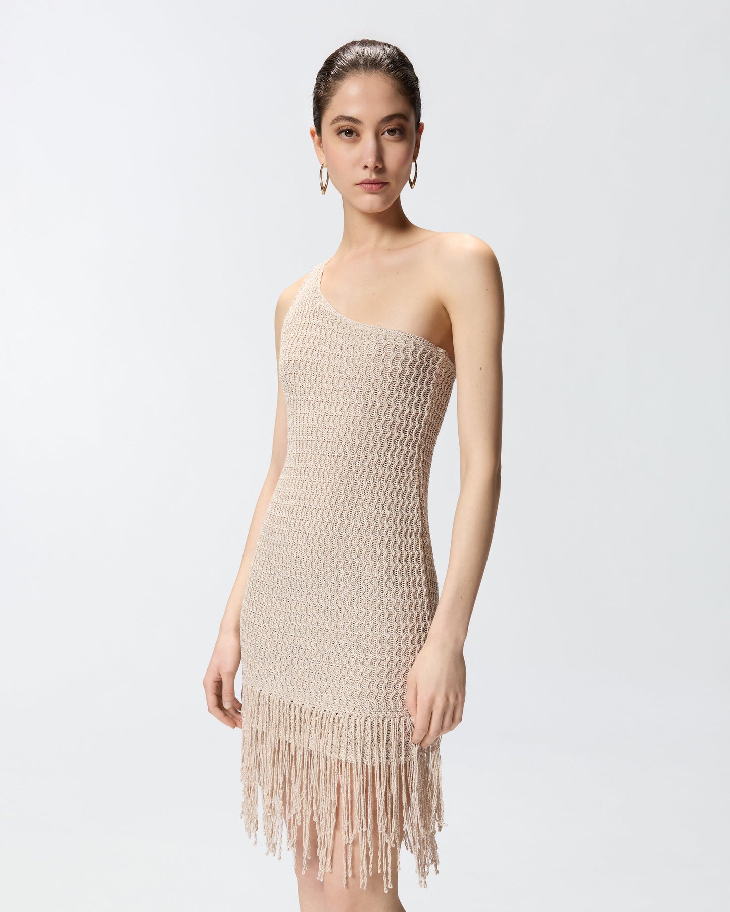 One-shoulder mini dress with fringing