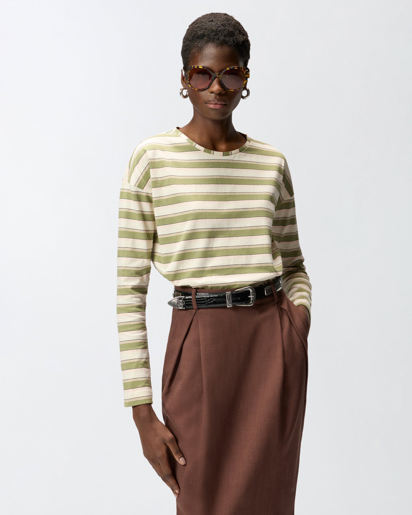 Striped jersey top with structured collar