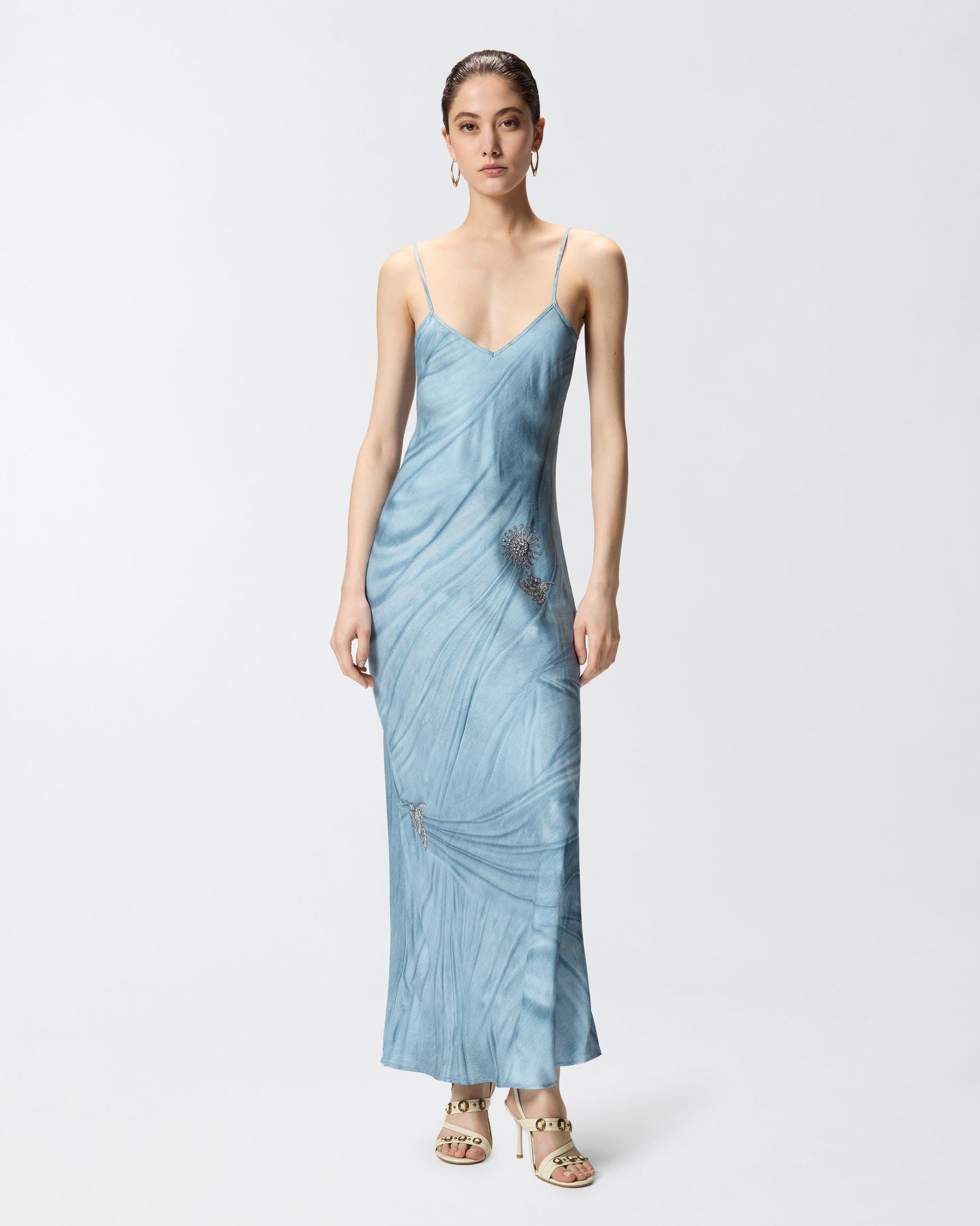 Fluid slip dress with placed jewel print