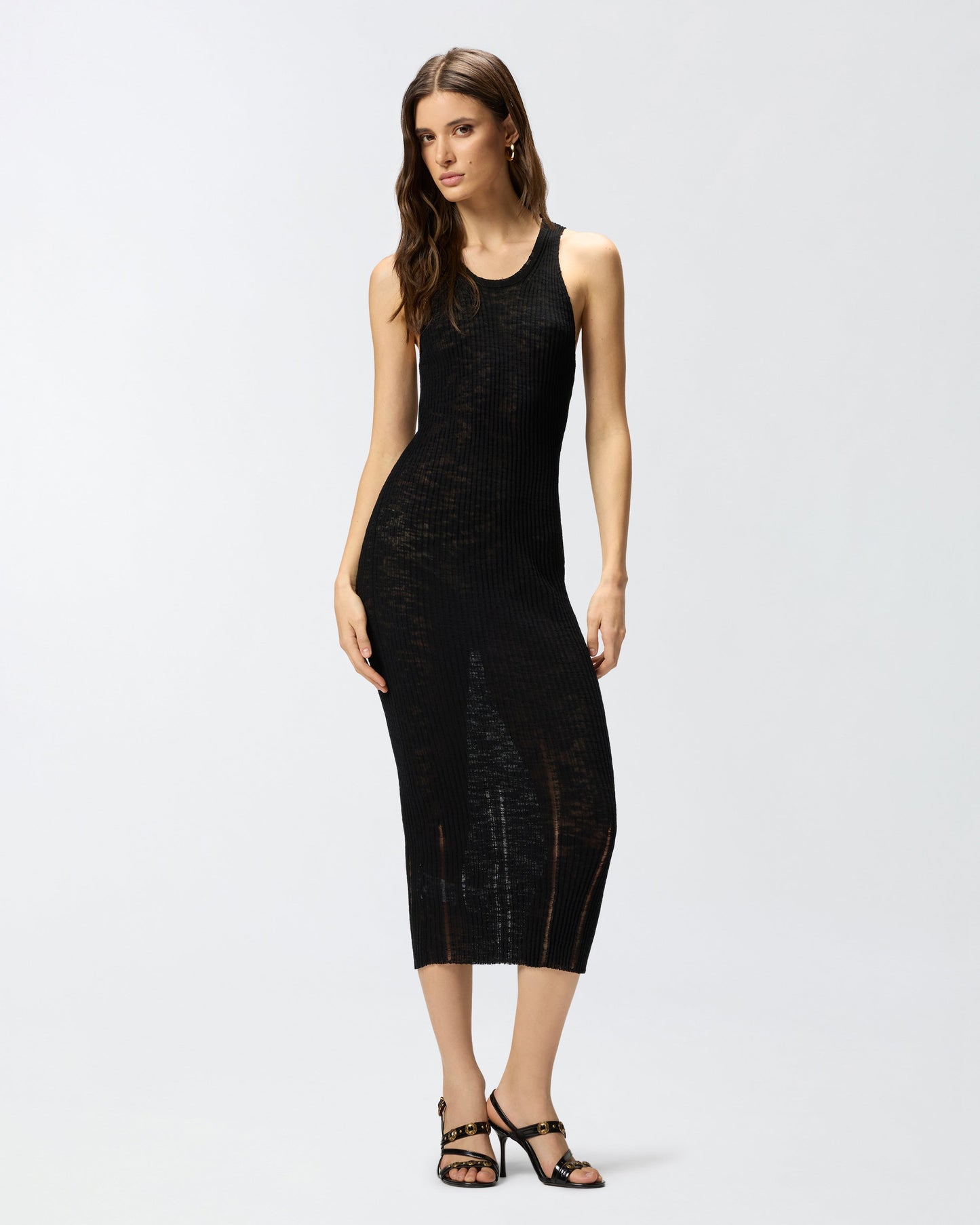 Ribbed slim-fit midi dress with rips