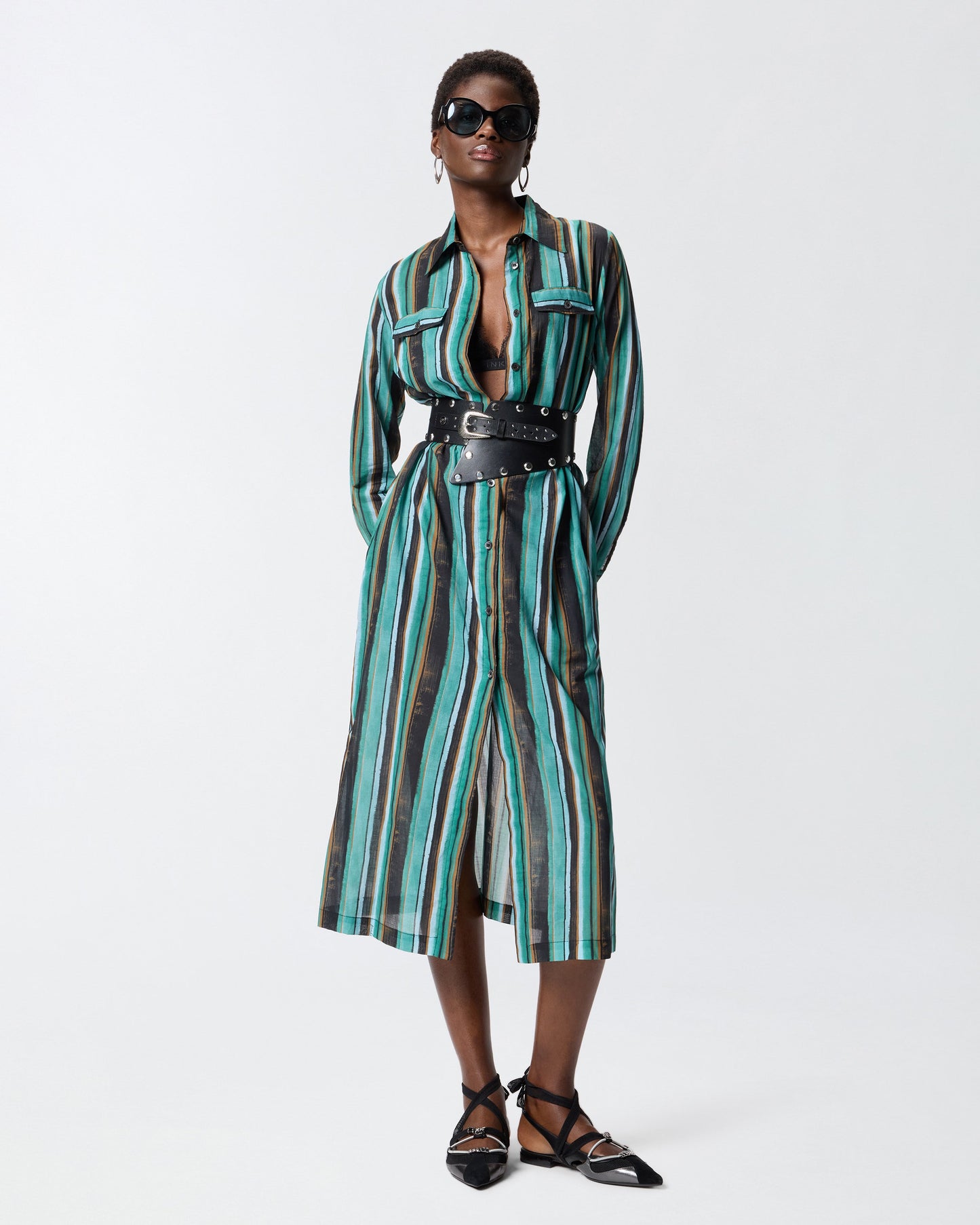 Cotton midi shirt dress with brushstroke-effect stripes