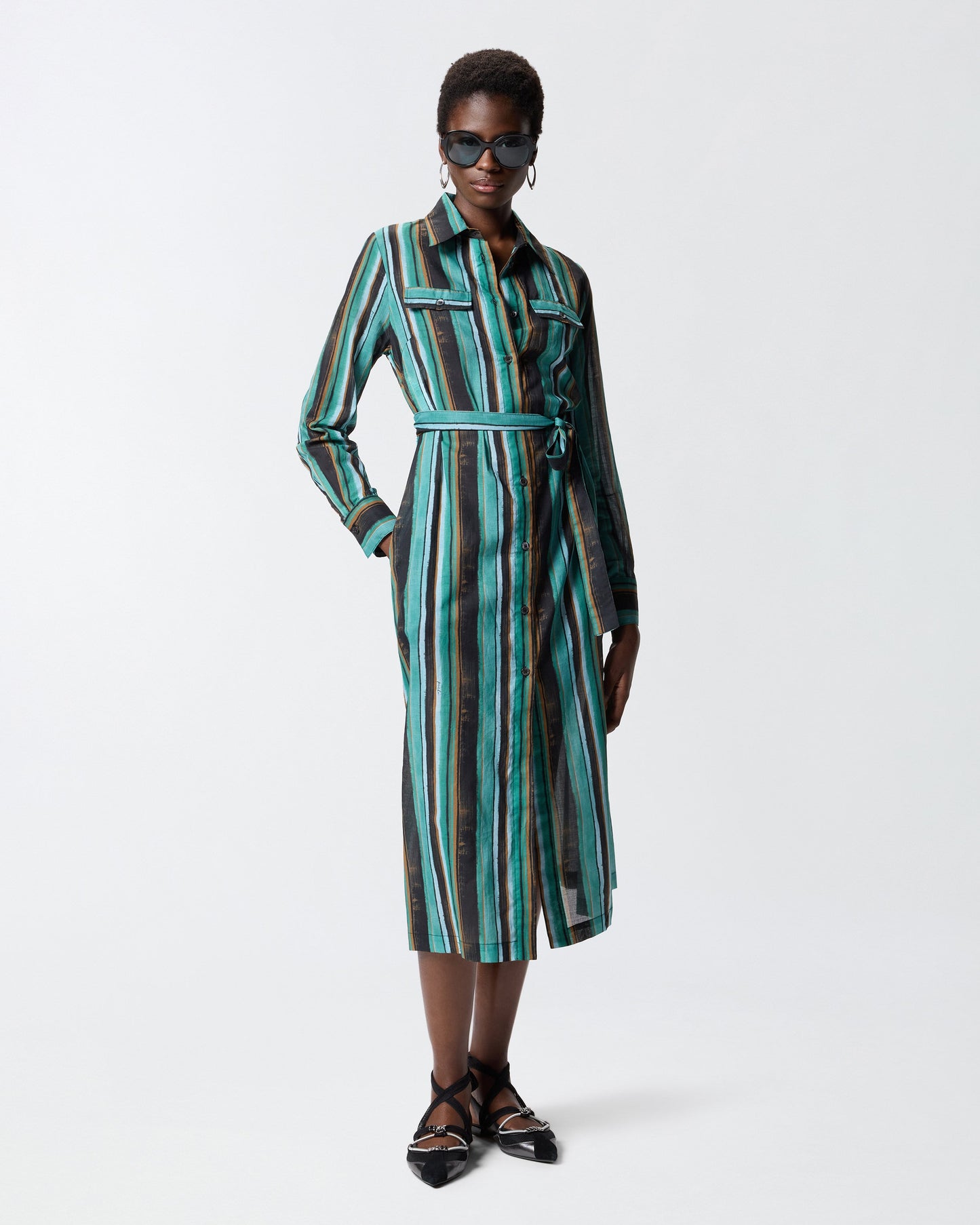 Cotton midi shirt dress with brushstroke-effect stripes