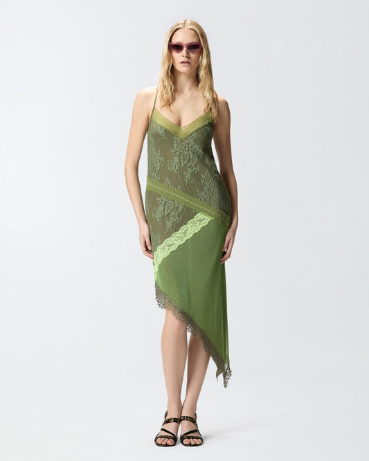 Asymmetric patchwork-effect lace mini dress