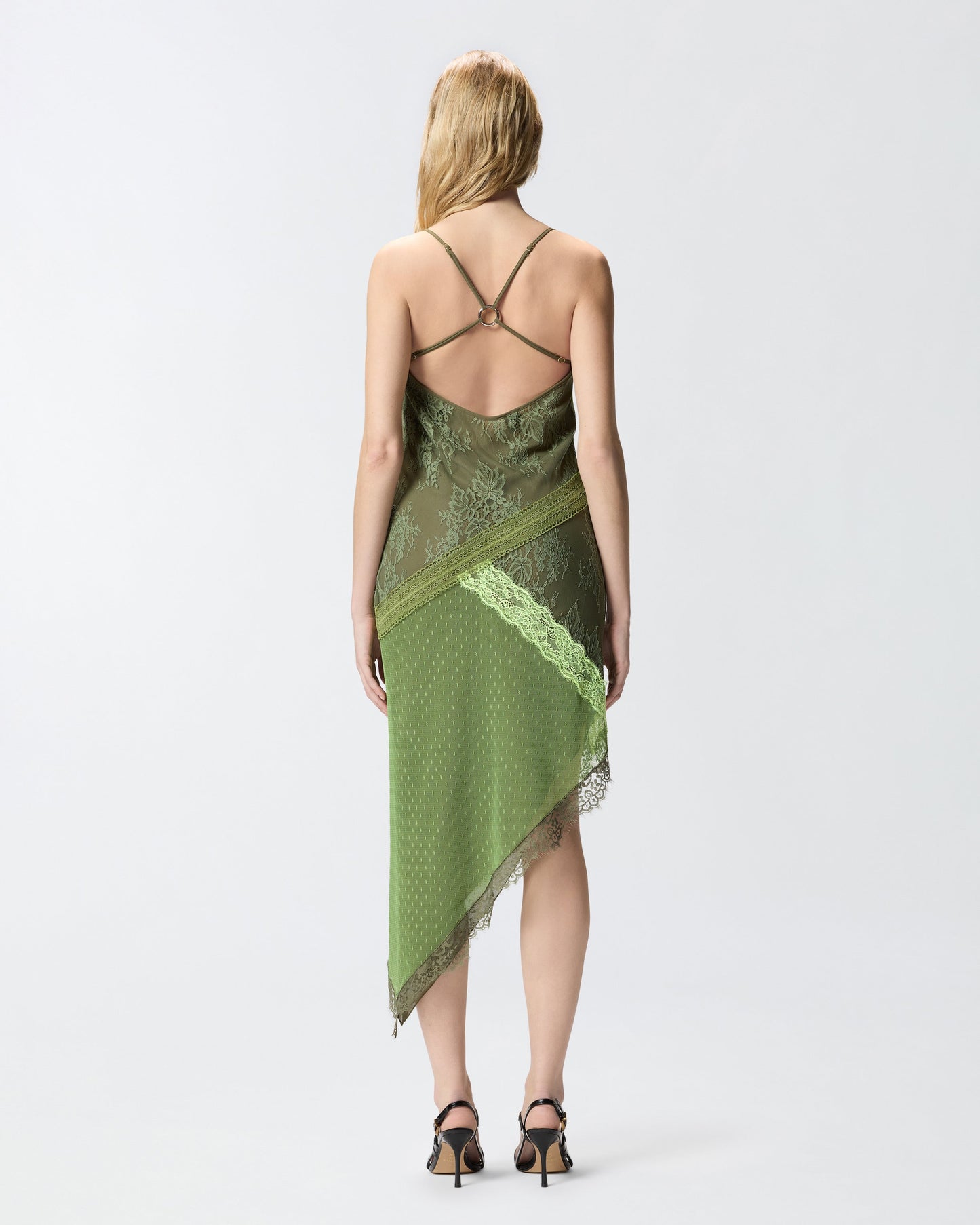 Asymmetric patchwork-effect lace mini dress