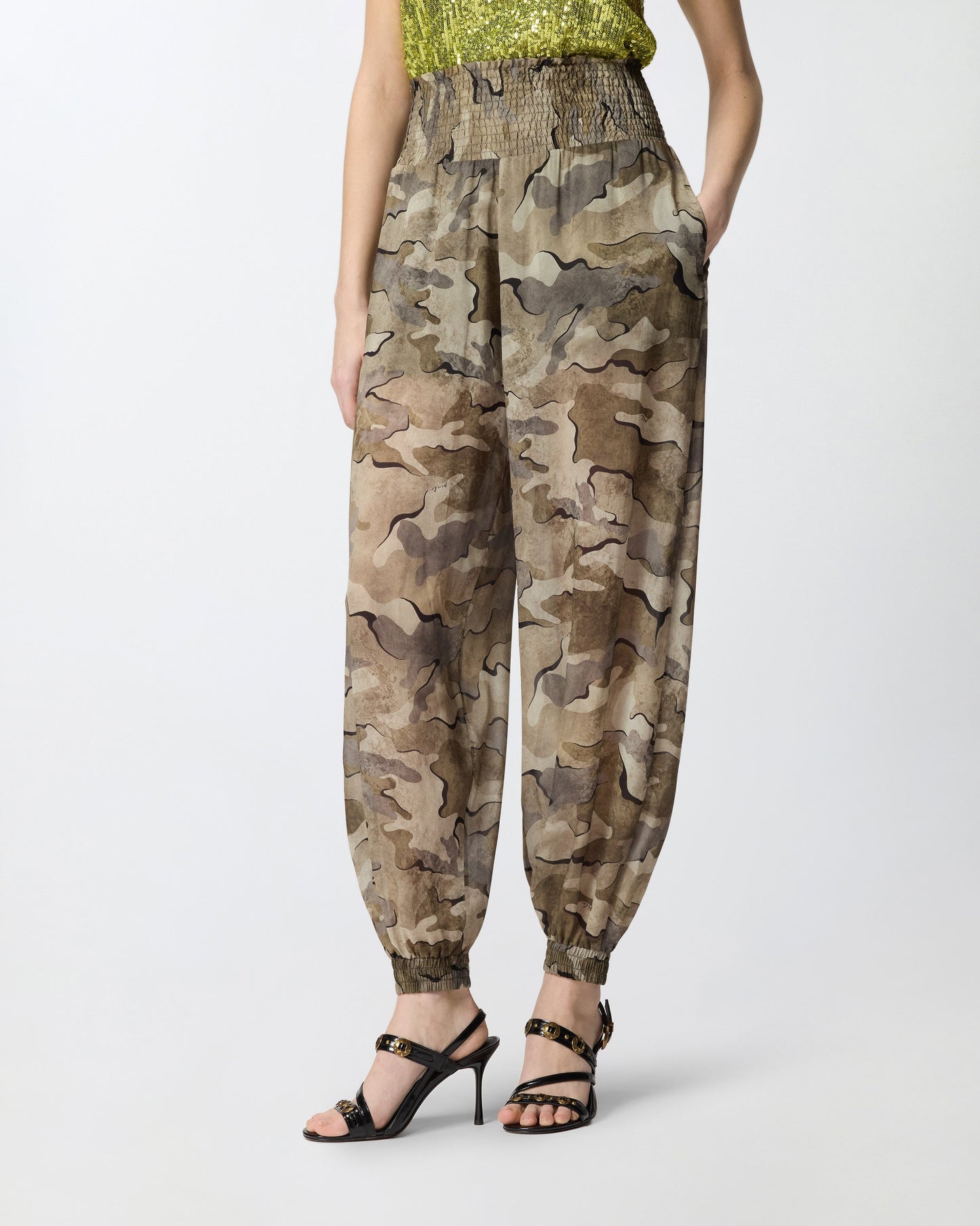 Camouflage balloon-fit trousers with high waist