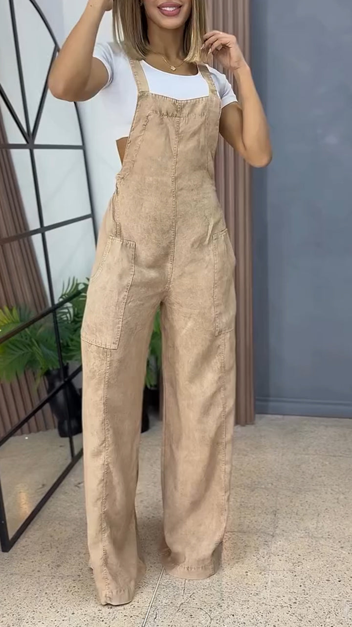 Damen-Latzhose mit weitem Bein und doppelter Tasche