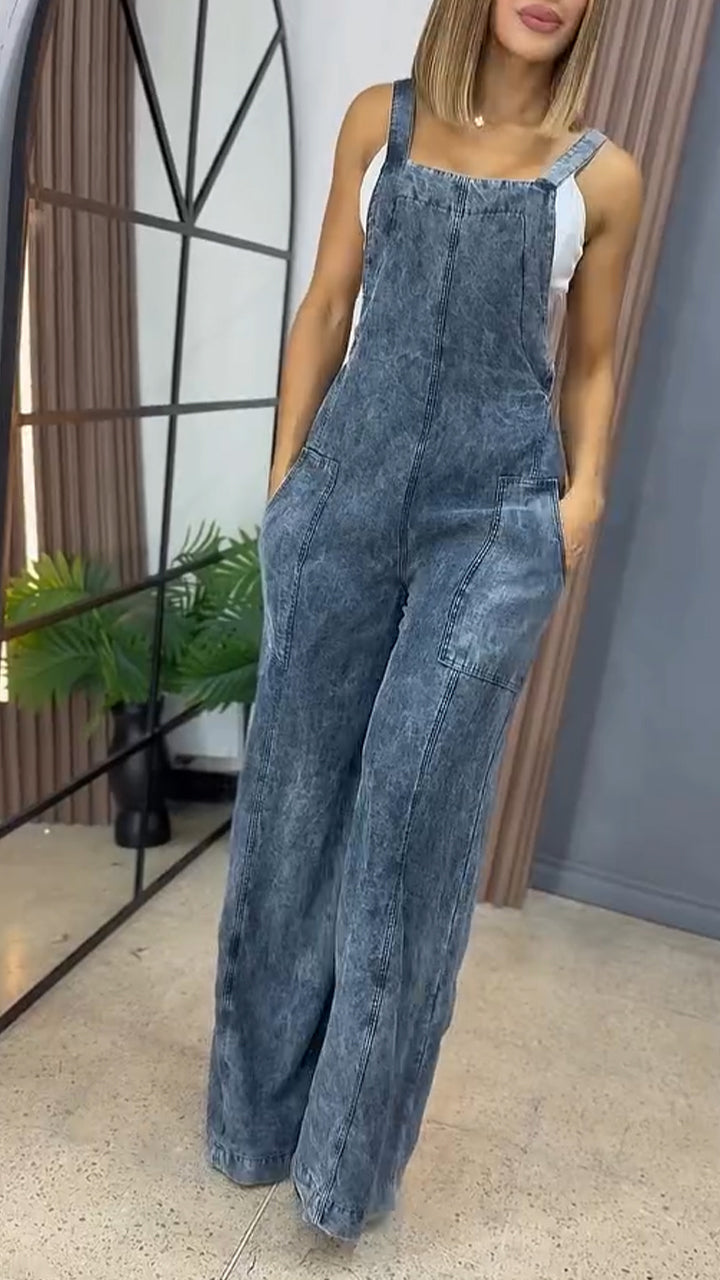 Damen-Latzhose mit weitem Bein und doppelter Tasche