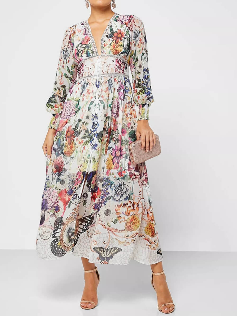 Botanical Floral Printed V-Neck Chiffon Maxi Dress