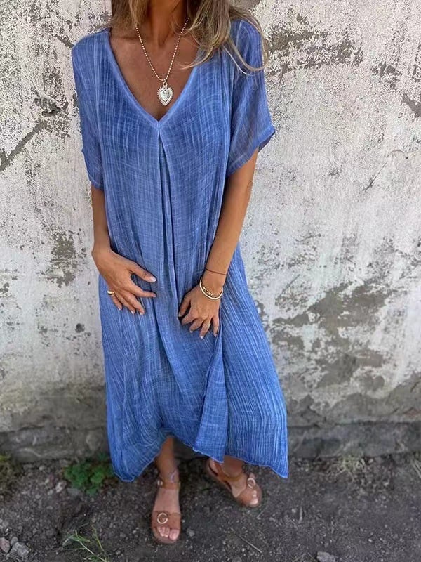 Cotton and Linen V-neck Midi Dress (Buy 2 Free Shipping)