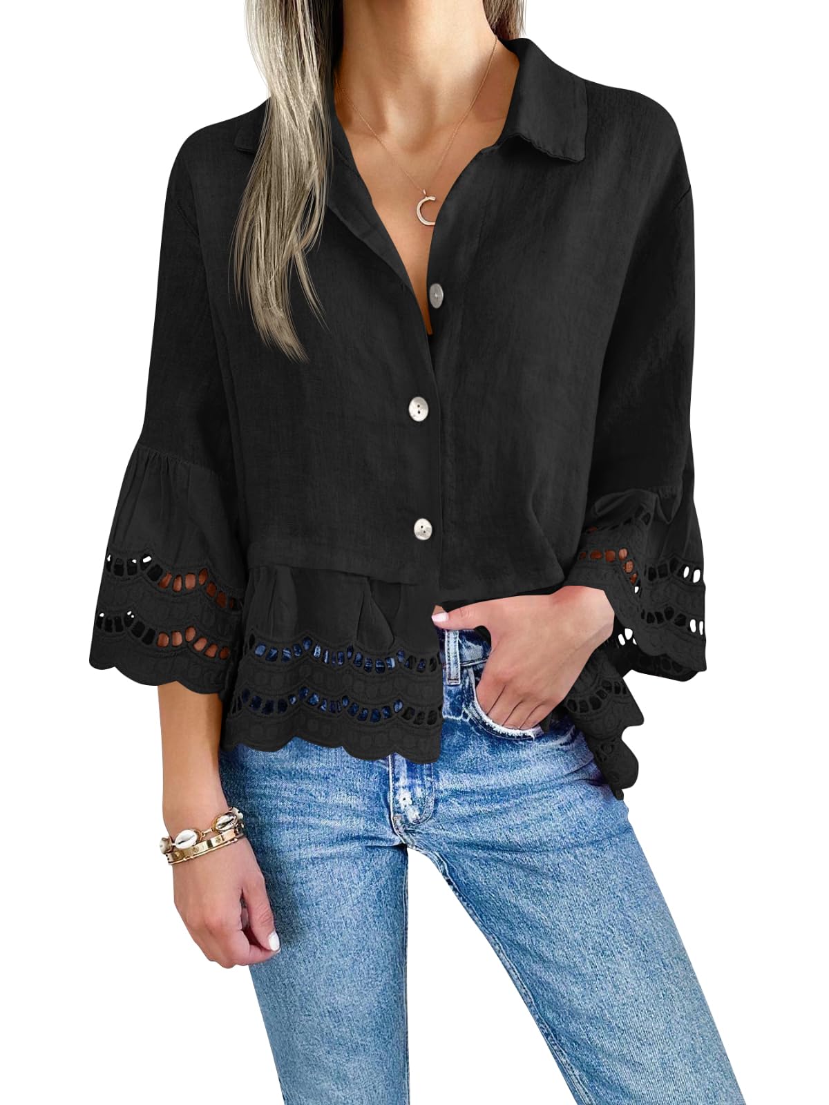 Damen-Bluse mit Ösen und Spitze (2 kaufen, kostenloser Versand)