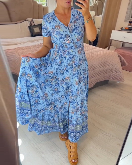 (💃Mega-Sale - 45% RABATT🔥)Geblümtes V-Ausschnitt-Kleid