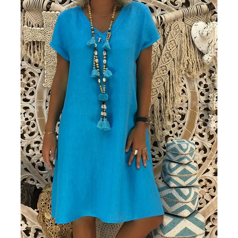 🔥49%- Cotton-Polyester Blend Dresses Casual V Neck Midi Dress🔥