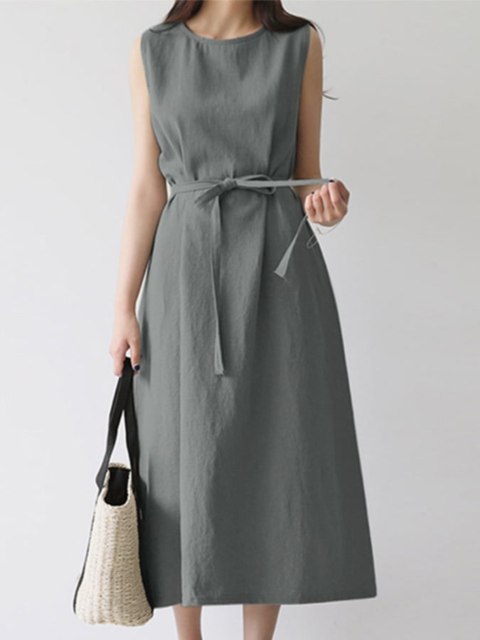Damen lässiges ärmelloses Kleid mit Rundhalsausschnitt und Unifarbe