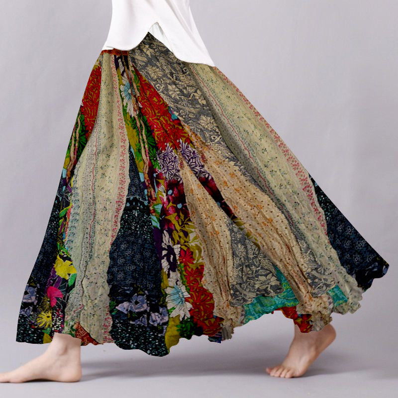 Vintage Boho Patchwork Fließender Rock aus Leinenmischung