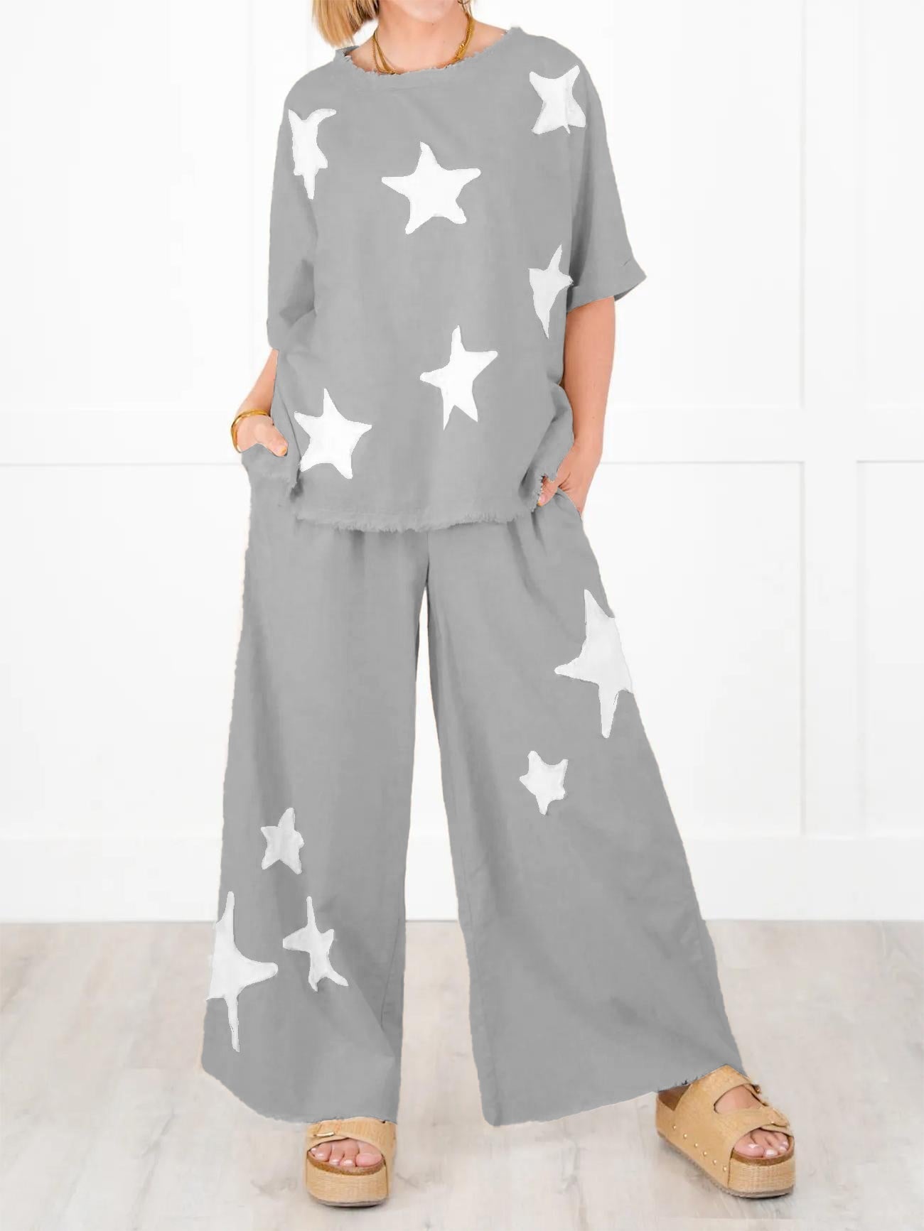 Zweiteiler-Set für Damen mit Stern-Patch im Freizeit-Stil (2 kaufen, kostenloser Versand)
