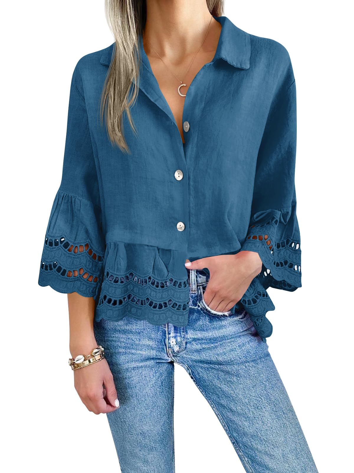 Damen-Bluse mit Ösen und Spitze (2 kaufen, kostenloser Versand)