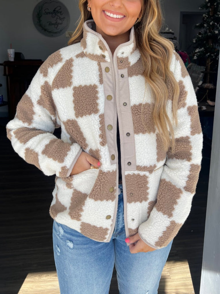 Karierte Sherpa-Fleecejacke für Damen (2 kaufen, kostenloser Versand)