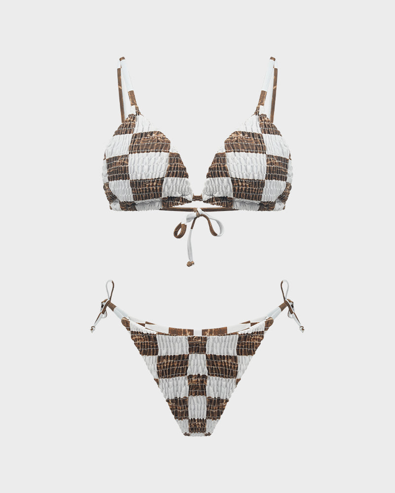 Trendiger geraffter Triangel-Bikini-Set mit Karomuster
