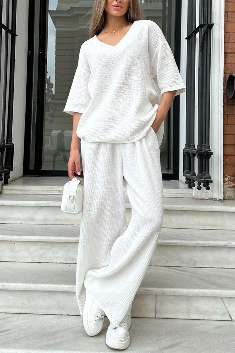 Damen Casual V-Ausschnitt Kurzarm Einfarbig Zweiteiler Set
