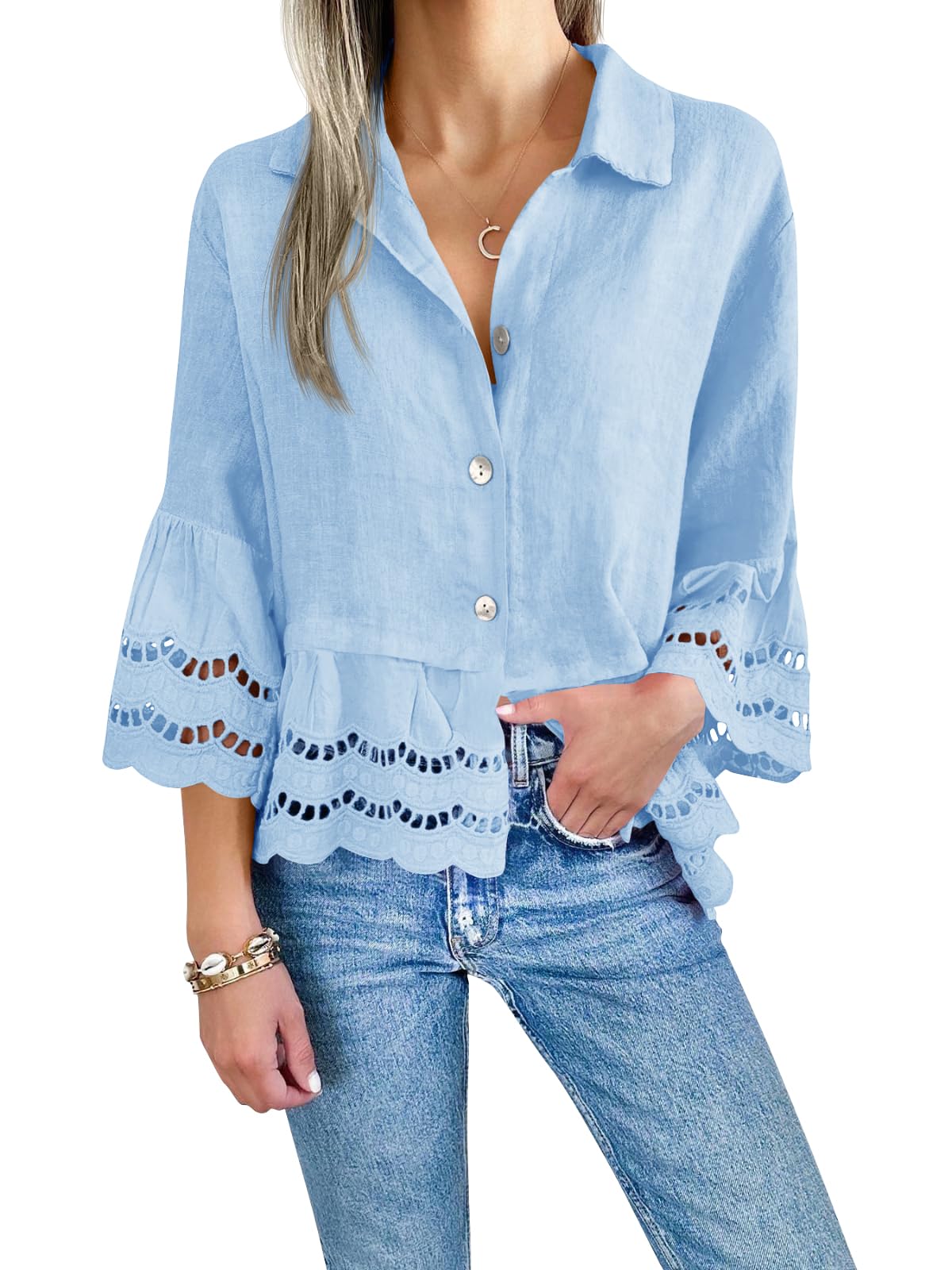 Damen-Bluse mit Ösen und Spitze (2 kaufen, kostenloser Versand)