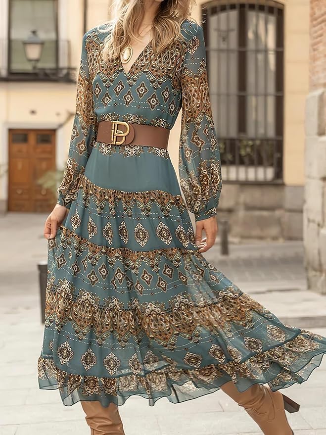 Damen fließendes ethnisches Puffärmel-Midikleid, lässiges Boho-Blumen-Swing-Kleid mit V-Ausschnitt, Urlaubskleid mit Rüschen und Gürtel