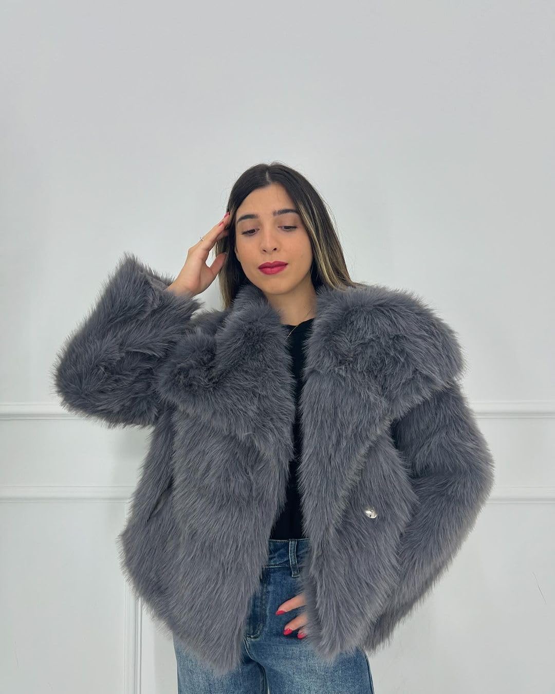 Flygo Damen Kunstpelzmantel Flauschige Kunstpelzjacke Langarm Revers Pelzige Winterjacken Zotteliger Parka Kurzer Mantel