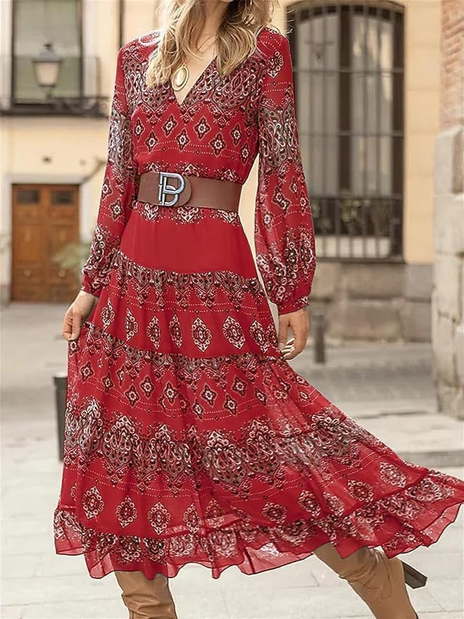 Damen fließendes ethnisches Puffärmel-Midikleid, lässiges Boho-Blumen-Swing-Kleid mit V-Ausschnitt, Urlaubskleid mit Rüschen und Gürtel