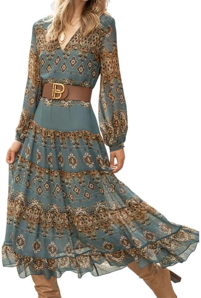 Damen fließendes ethnisches Puffärmel-Midikleid, lässiges Boho-Blumen-Swing-Kleid mit V-Ausschnitt, Urlaubskleid mit Rüschen und Gürtel