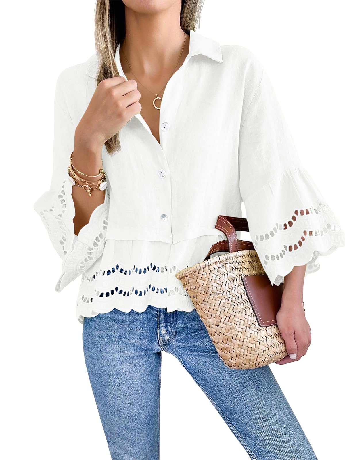 Damen-Bluse mit Ösen und Spitze (2 kaufen, kostenloser Versand)