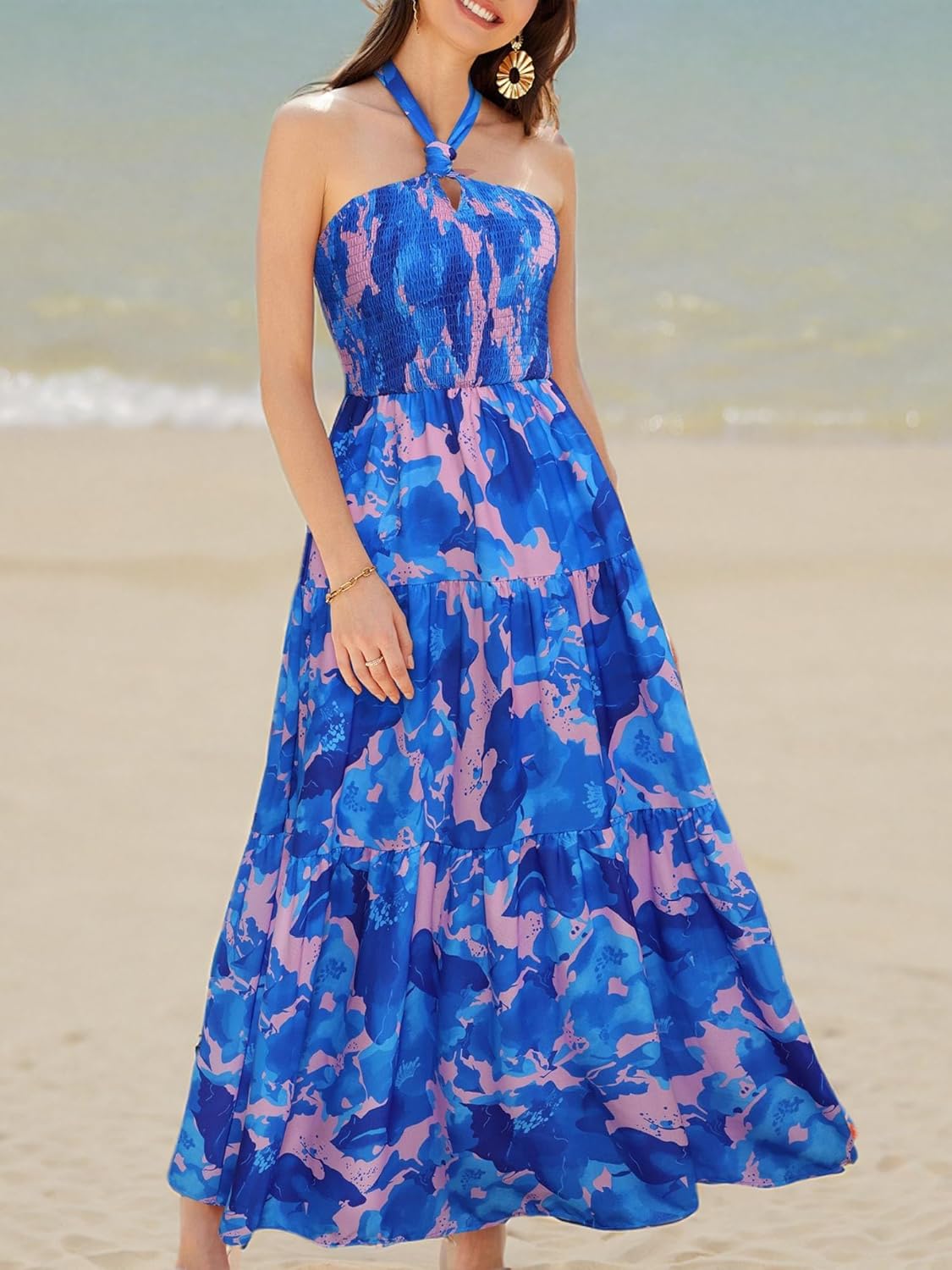 GRACE KARIN Damen Sommerkleider 2025 Neckholder Ärmellos Gesmoktes Rückenloses Cut-Out Blumenmuster Fließendes A-Linien Maxikleid